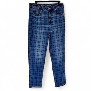 American Eagle Outfitters Blue Checkered Mom Straight Jeans Women’s 12 X-Long